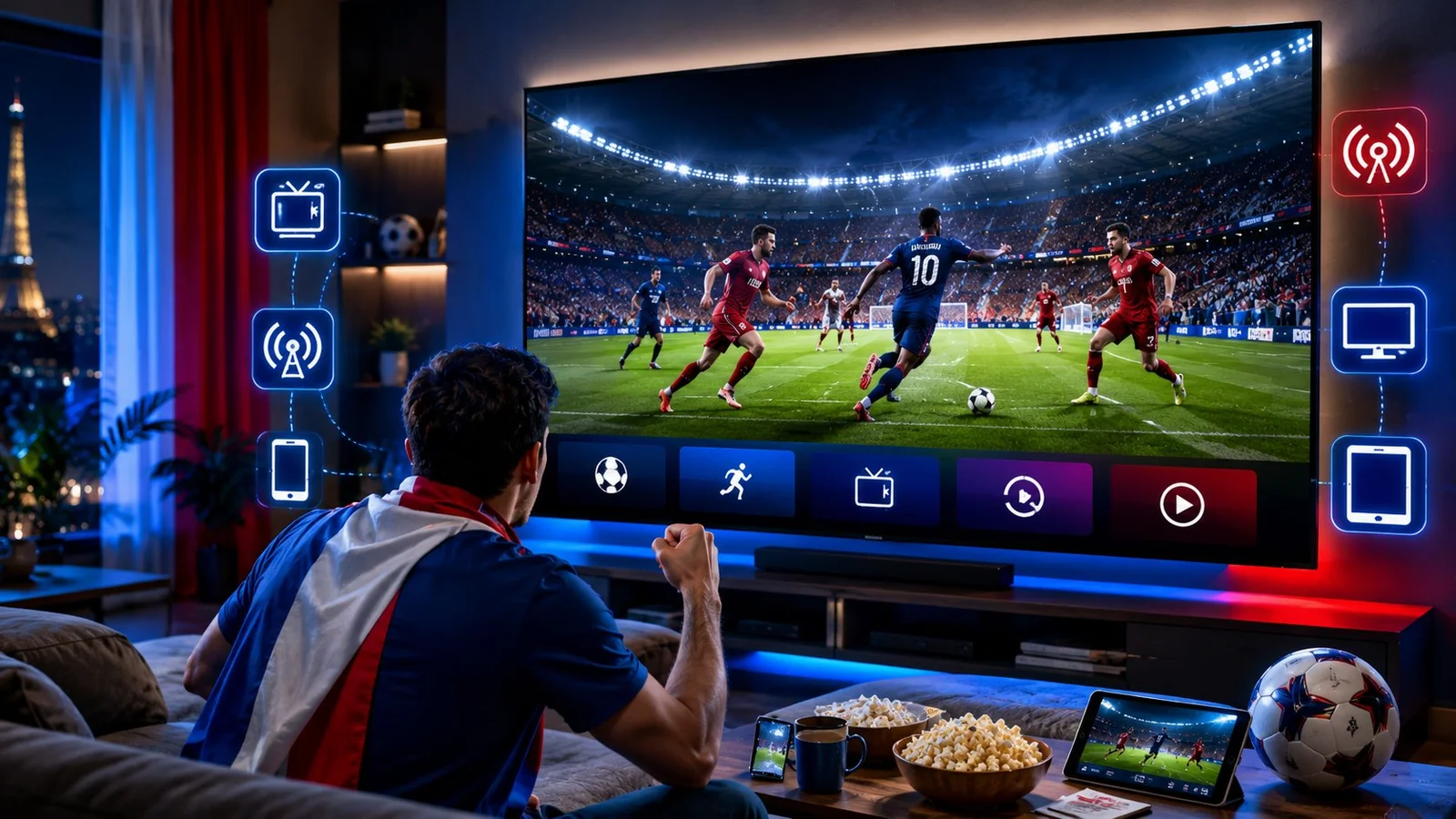 Famille française célébrant un but pendant la Coupe du Monde 2026 devant une Smart TV en streaming 4K